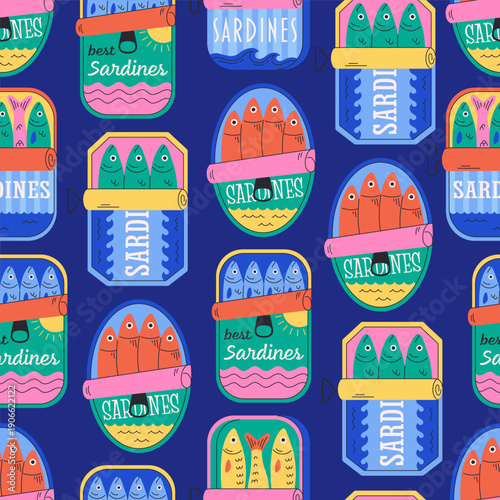 Seamless pattern with cute canned sardines. Mediterranean italian food. Design for banner, wallpaper, wrapping paper, background, card, poster. Vector illustration in flat style