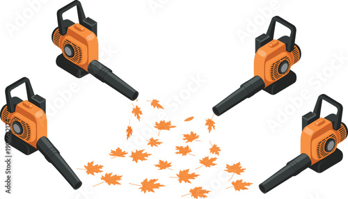 Isometric leaf blower illustration, garden cleaning equipment autumn leaves maintenance outdoor power tool vector yard care set design
