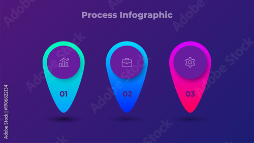 Three steps location marker process diagram with gradient pins and icons on dark purple gradient background
