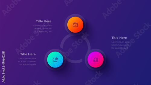 Three step circular cycle infographic with gradient round elements and icons for business process and workflow presentation on dark purple gradient background