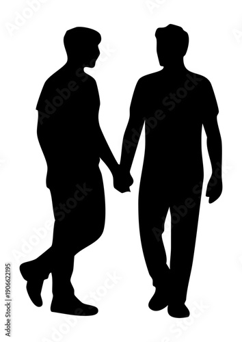 Silhouette of gay couple holding hands walking together, Vector illustration of two men in love silhouette, Lgbtq male couple romantic relationship silhouette, Minimalist gay partners holding hands ve