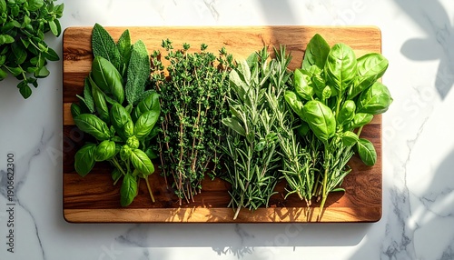 Fresh herbs on wooden cutting board.
