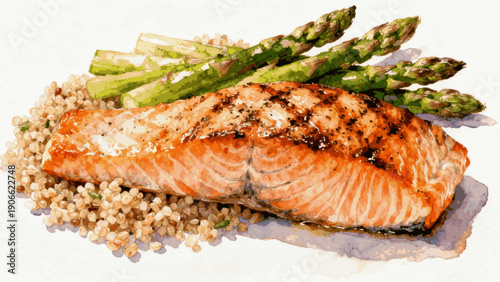 Simple Roast Fish Grilled salmon with asparagus isolated watercolor vector illustration svg