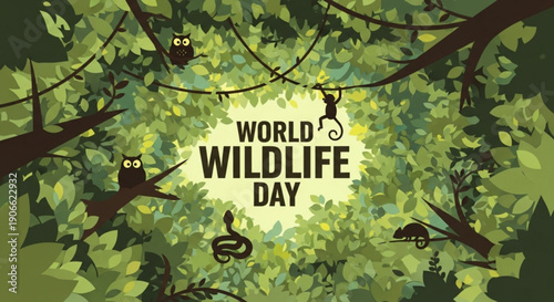 World wildlife day illustration with jungle animals and foliage background