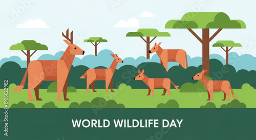 World wildlife day illustration with deer family in forest landscape