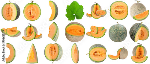 Bild auf Leinwand diverse collection of fresh cantaloupe melons in various stages: whole, halved, and sliced, isolated on a transparent background