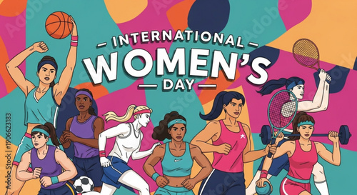 International women's day celebration with diverse group of female athletes engaging in various sports