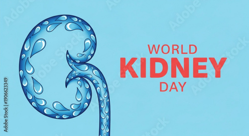 World kidney day awareness illustration with stylized kidney and water droplets on blue background