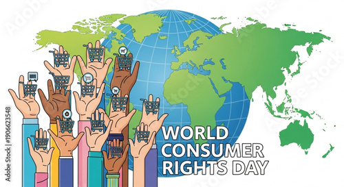Diverse hands holding smartphones celebrating world consumer rights day globally with earth background