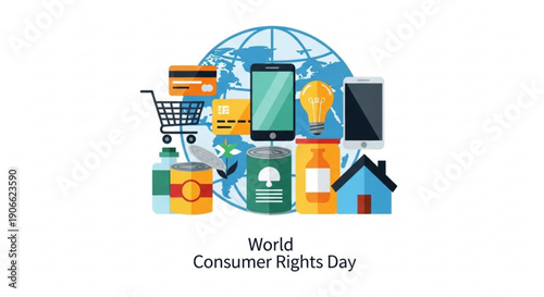 World consumer rights day illustration with globe shopping cart smartphone and household items on white