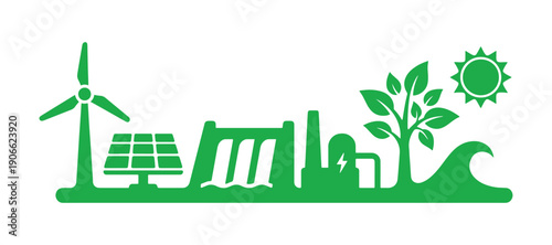 Alternative energy resources. Renewable energy, nature power representations on a white canvas

