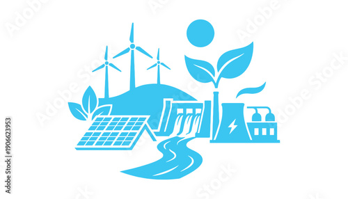 Alternative energy solutions. Renewable energy, nature power symbols displayed on a white field

