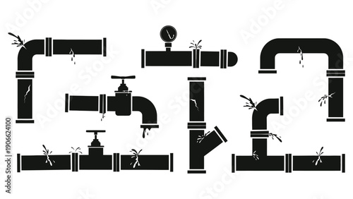 Pipe vector icon set with leaking water and damaged sections