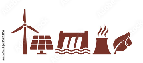 Sources of alternative energy. Renewable energy, nature power icons on a white surface

