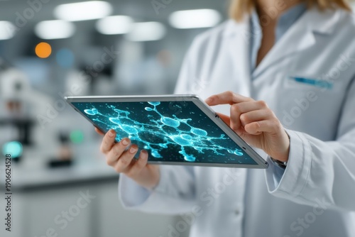 Scientist using tablet with molecular research data generated by AI