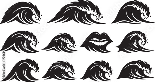 Black and white wave icons in various dynamic shapes
