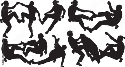 Silhouettes of people engaged in various fighting moves together