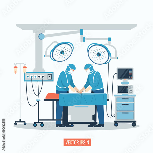 Surgeons performing an operation in a modern hospital operating room.