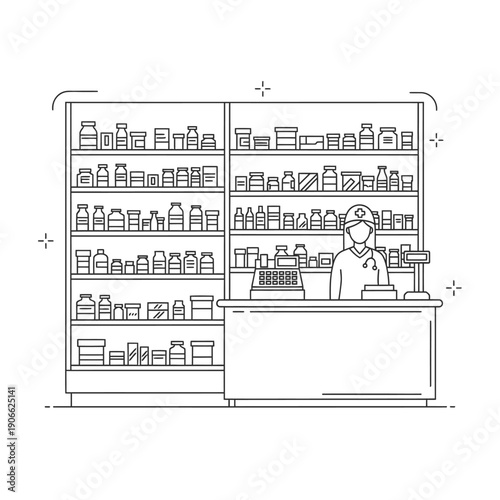 Pharmacy store illustration with shelves and pharmacist.