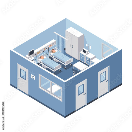 Isometric Hospital Room with Medical Equipment and Beds.
