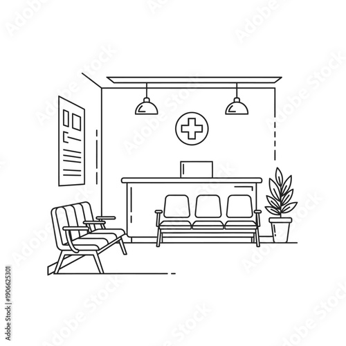 Simple line drawing of a waiting room with a reception desk and chairs.