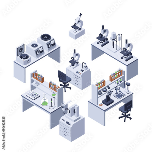 Isometric Laboratory Workstations with Scientific Equipment and Microscopes.