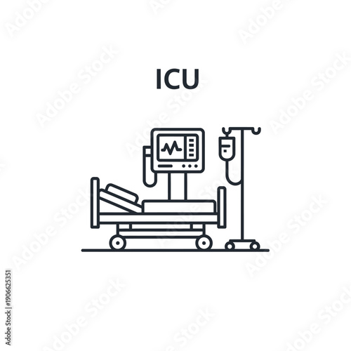 Simple line illustration of an Intensive Care Unit hospital bed with medical equipment.
