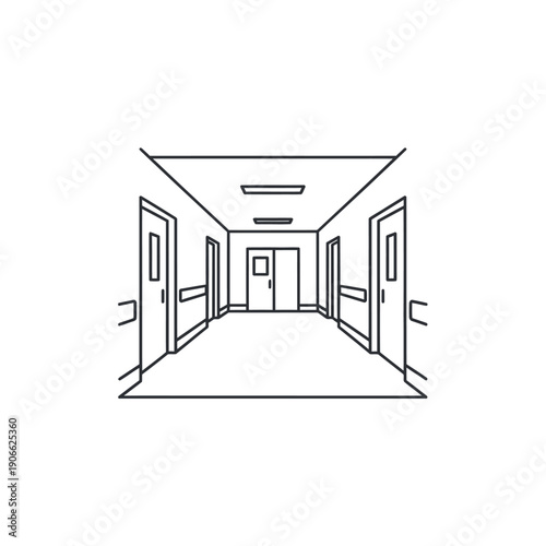 Simple line drawing of a corridor with multiple doors.