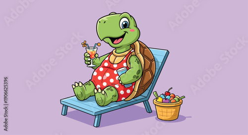 A cheerful cartoon turtle wearing a red polka dot swimsuit is relaxing on a blue lounge chair, happily sipping a refreshing tropical cocktail beside a basket of colorful fruits.