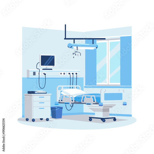 Modern Hospital Room with Medical Equipment and Bed.
