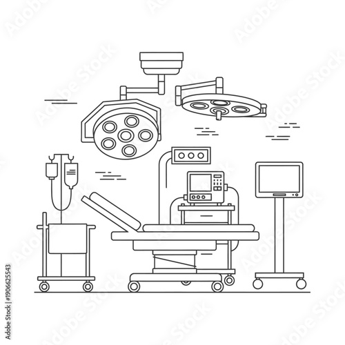 Medical operating theater equipment and surgical tools illustration.