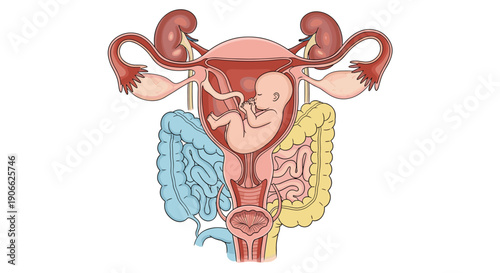 An anatomical illustration of a human fetus developing inside the uterus, part of the female reproductive system, with kidneys and intestines visible.