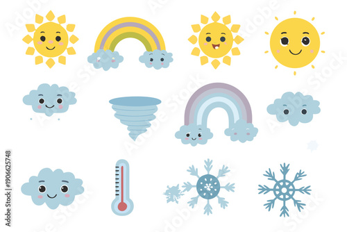 Cute cartoon weather icons depicting sun clouds rainbows and other elements