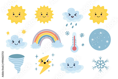 Cute weather icons featuring suns clouds rainbows and other elements