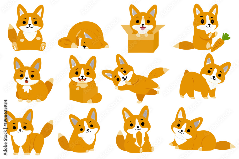 Fototapeta premium Collection of charming cartoon corgi dogs in various playful poses