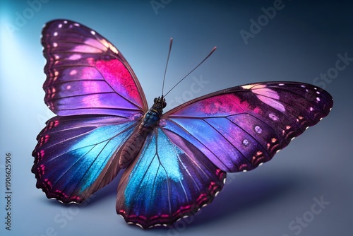 Exotic butterfly with iridescent purple and blue wings, detailed and realistic against a dark background