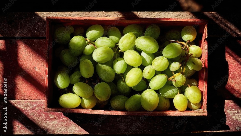Naklejka premium Green grapes filling a red wooden crate, bathed in sunlight on a weathered wooden surface. Concept Green grapes in a red crate, Sunlit rustic still life, Weathered wooden surface texture