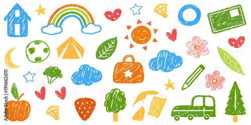 Colorful childlike drawings of various objects and symbols on a white background