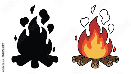A colorful campfire icon with a silhouette version for design use