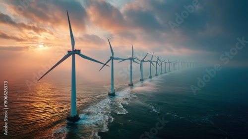 Offshore wind turbines in the sea at sunset generated by AI