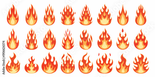 Collection of cartoon fire flames in varying shapes and sizes