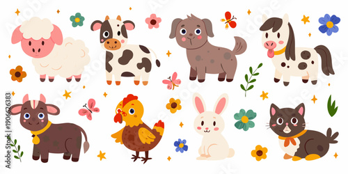 A collection of colorful cartoon farm animals and floral elements