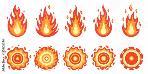 Cartoon flames and fire sprites in various shapes and colors