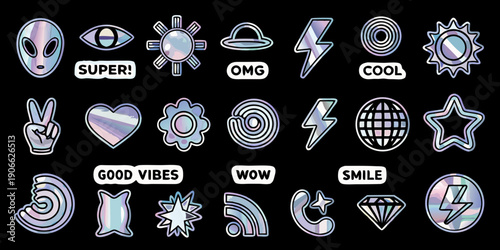 Colorful holographic sticker collection featuring aliens hearts and cosmic designs