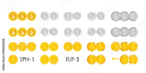 An arrangement of golden and silver coins with slot machine labels