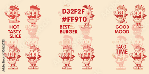 Cartoon burger characters with text promoting fast food and positive vibes