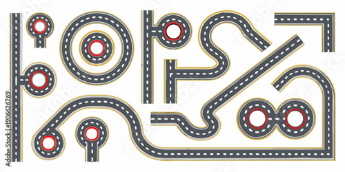 Toy car track layout with curves straightaways and circular sections