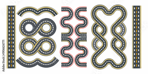 Stylized illustration of winding roads with yellow and red lane markings