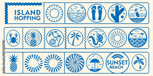 Island hopping themed collection of circular blue icons and text