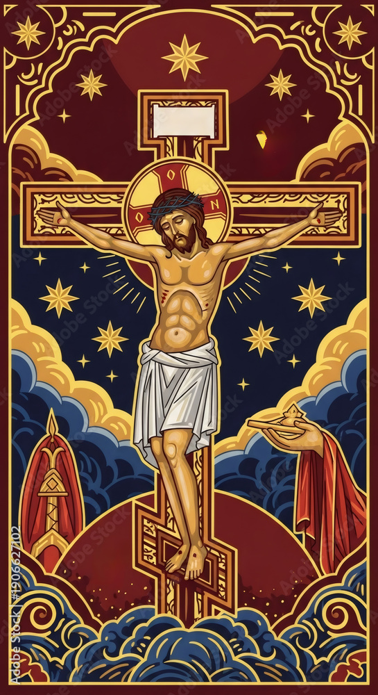 Fototapeta premium Christ on the cross, an illustration depicting crucification of Jesus. Religious iconography for Easter and Good Friday, spiritual concept.